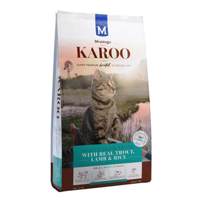 Montego Karoo Cat food bag featuring trout, lamb, and rice for sensitive stomachs in a natural setting.