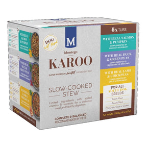 Montego Karoo Slow Cooked Stew Wet Foods for dogs in packaging, featuring various protein ingredients for healthy digestion.