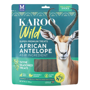 Karoo Wild Sticks dog treats packaging featuring African antelope as main ingredient, sustainable and gluten-free, 454g.