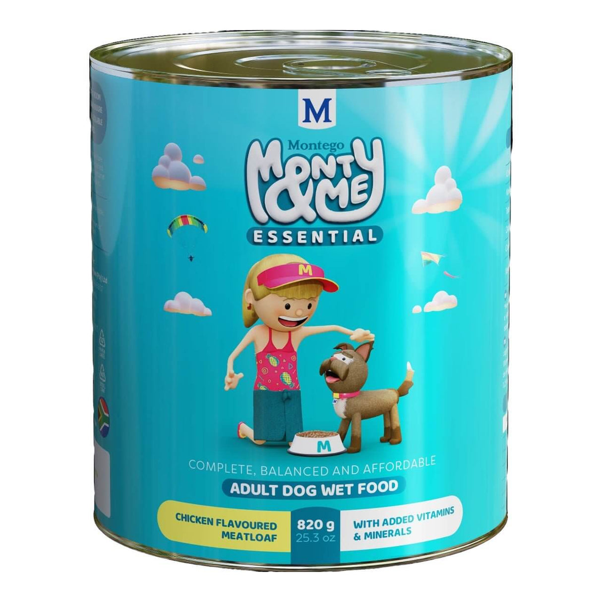 Montego Monty & Me Essential Adult Wet Dog Food can featuring chicken meatloaf for nutritious pet meals with added vitamins.