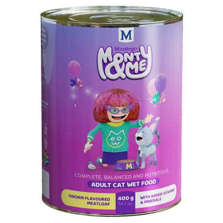 Montego Monty & Me Chicken Flavoured Adult Wet Cat Food 400g, featuring a colorful can design with playful characters.