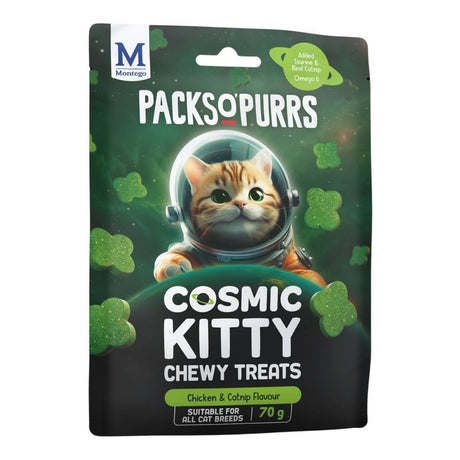 Montego Packs O Purrs Cosmic Kitty Cat Treats packaging featuring a happy cat in an astronaut helmet with green treats.