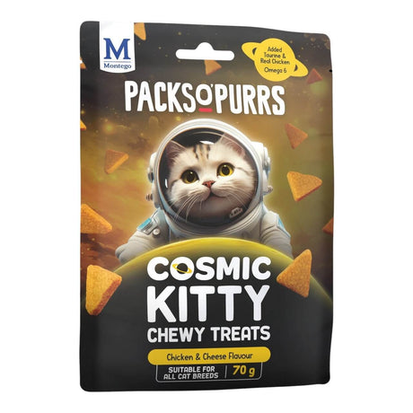 Montego Packs O Purrs Cosmic Kitty Cat Treats, chicken and cheese flavor, 70g, suitable for all cat breeds.