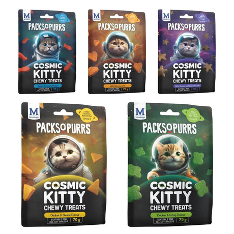 Montego Packs O Purrs Cosmic Kitty Cat Treats packaging in various flavors, featuring fun astronaut-themed designs.