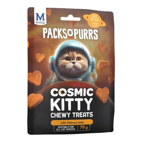 Montego Packs O Purrs Cosmic Kitty Cat Treats with adorable cat in space helmet and heart-shaped snacks, 70g package.