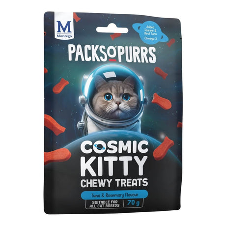 Montego Packs O Purrs Cosmic Kitty Cat Treats packaging featuring a cute cat in a space helmet with tuna and rosemary flavor.