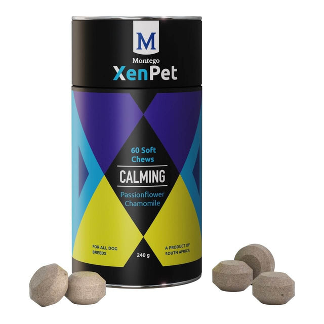 Montego XenPet Calming Soft Chews 240g with passionflower and chamomile for calming anxiety in dogs.