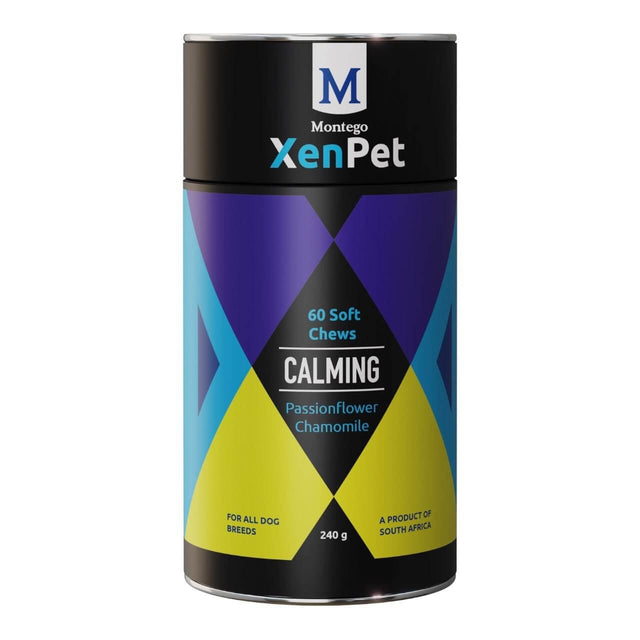 Montego XenPet Calming Soft Chews 240g with passionflower and chamomile for stress relief in pets.