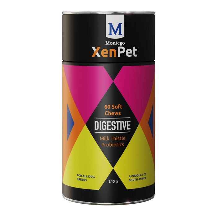 Montego XenPet Digestive Soft Chews 240g canister with milk thistle probiotics for healthy gut support.