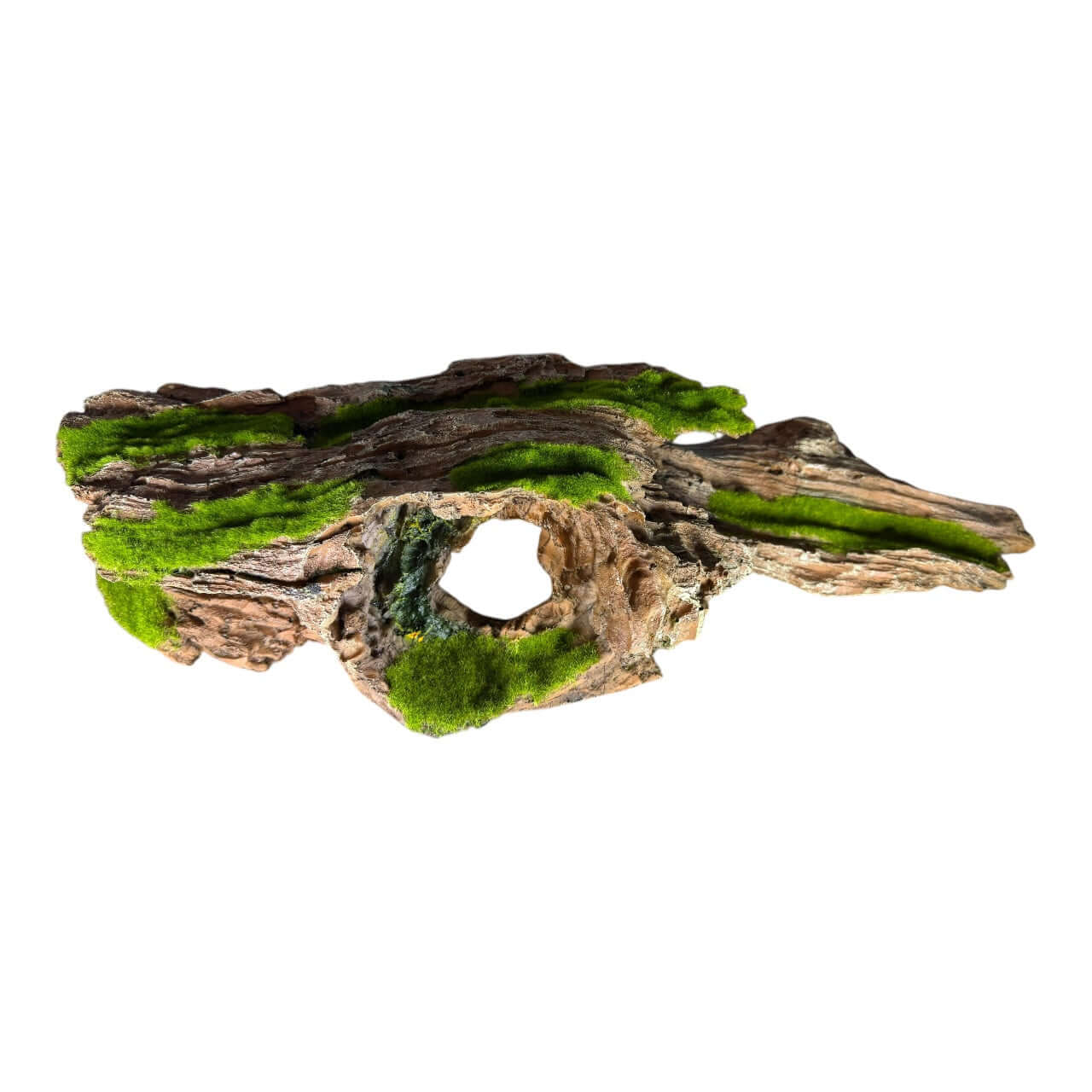 Moss covered tree stump aquarium ornament adding natural beauty to fish tanks, detailed texture of wood and moss.