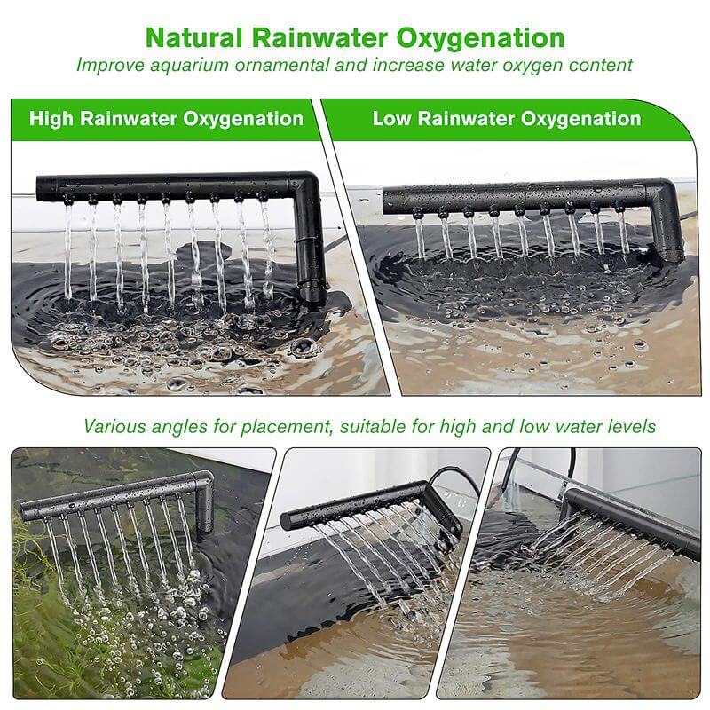 Natural rainwater oxygenation device showcasing high and low oxygenation levels for aquariums at various water levels.