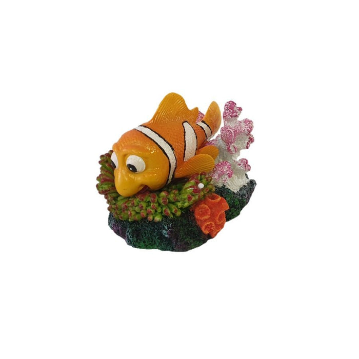 Nemo fish ornament with colorful coral for aquariums, measuring 12 x 9.5 x 10cm, enhancing underwater decor.