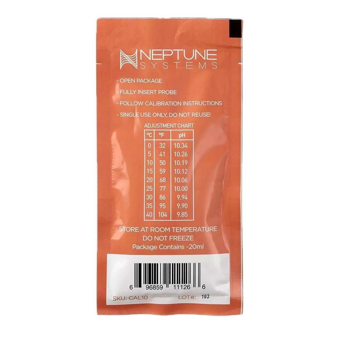 Neptune Systems pH calibration fluid packet back with usage instructions and adjustment chart for accurate pH probe calibration.