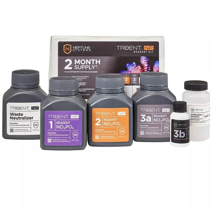 Neptune 2-Month Trident NP Reagent Kit with bottles for nitrate and phosphate testing and clear instructions for easy use.