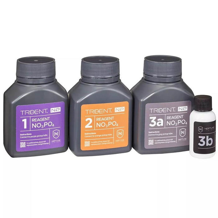 Neptune 2-Month Trident NP Reagent Kit including bottles labeled 1, 2, 3a, and 3b for nitrate and phosphate testing.