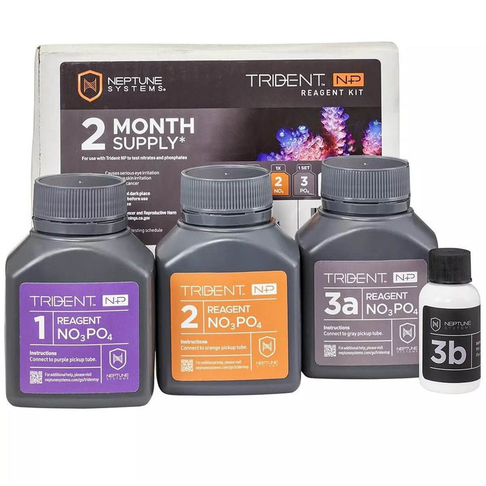 Neptune Trident NP 2-month reagent kit with bottles labeled 1, 2, 3a, and 3b for nitrate and phosphate testing