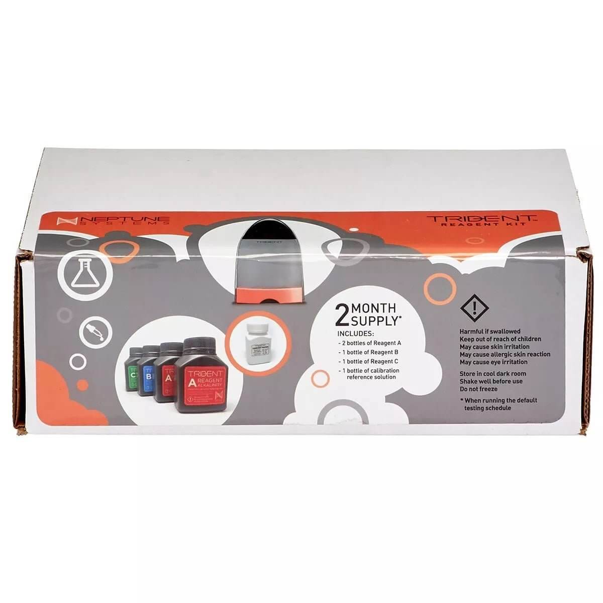 Neptune 2-Month Trident Reagent Kit packaging showcasing included reagent bottles and testing supplies for marine water analysis.