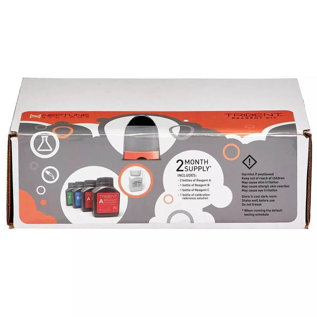 Neptune 2-Month Trident Reagent Kit packaging showcasing included reagent bottles and testing supplies for marine water analysis.