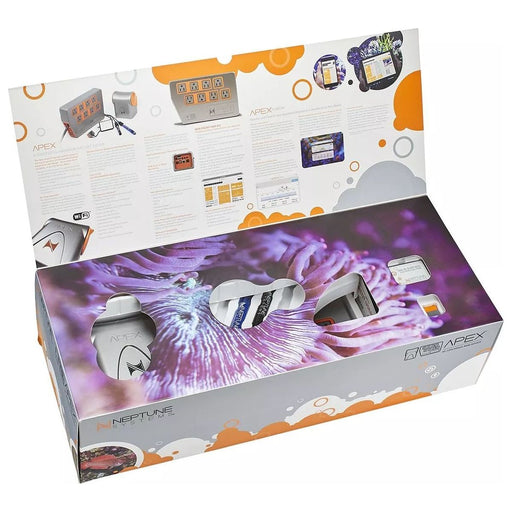 Neptune A3 Apex Aquarium Controller System packaging with product details and vibrant coral design.