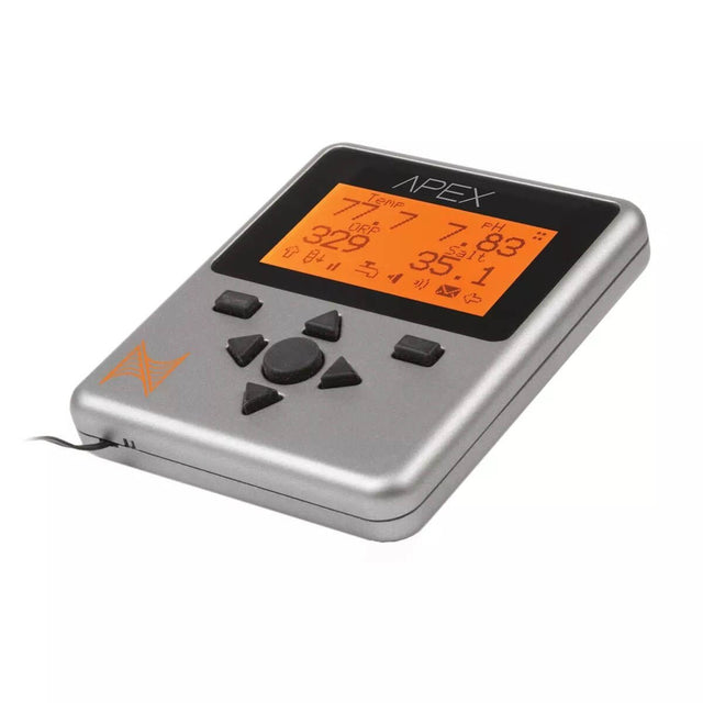 Neptune Apex Display Module in silver with orange backlit LCD, showcasing essential aquarium parameters for easy monitoring.