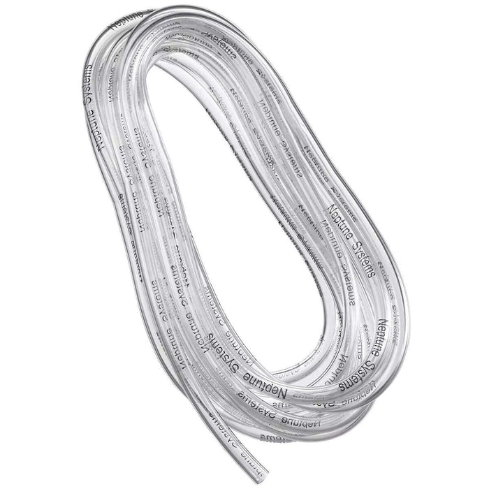 Coiled clear flexible tubing with marked measurements and text details on the surface