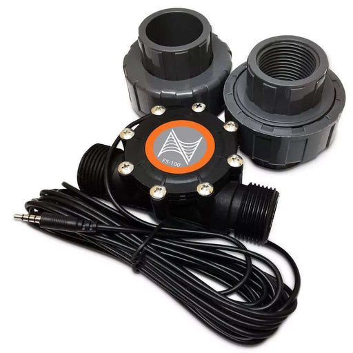 Neptune FS-100 1-inch flow sensor for fluid metering with cables and PVC connectors, ideal for monitoring water flow rates