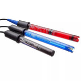 Neptune Systems aquarium probes in red, blue, and black for pH, ORP, and temperature monitoring.