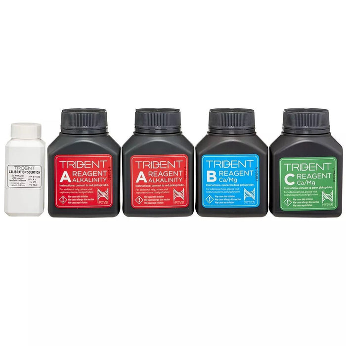 Neptune Trident reagent bottles for automated marine aquarium water testing, including alkalinity, calcium, and magnesium.