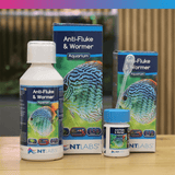 NT Labs Anti-Fluke and Wormer products for aquariums, including a liquid formula and two container sizes.