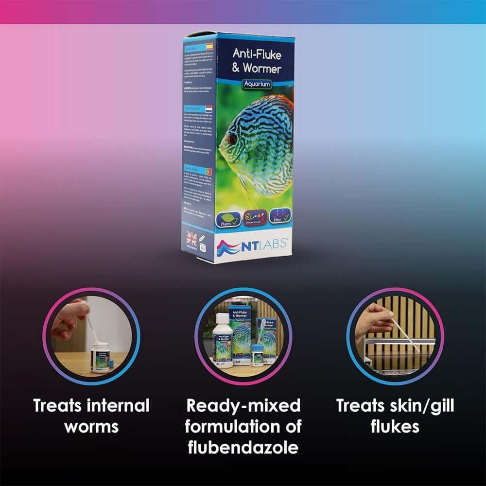 NT Labs Anti-Fluke and Wormer, ready-mixed formula treats internal worms and skin flukes for aquariums