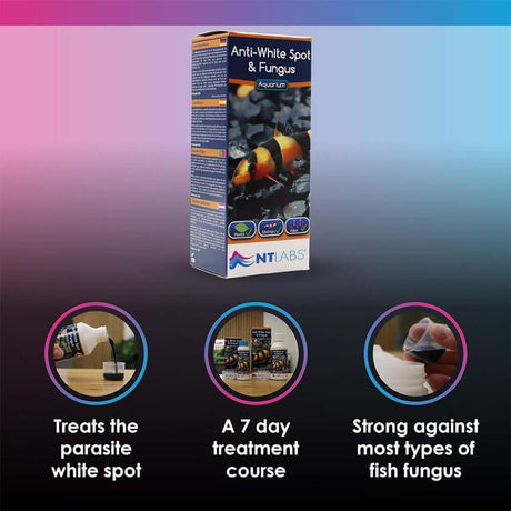 NT Labs Anti-White Spot and Fungus treatment for aquariums, effective against white spot and fish fungus in 7 days.