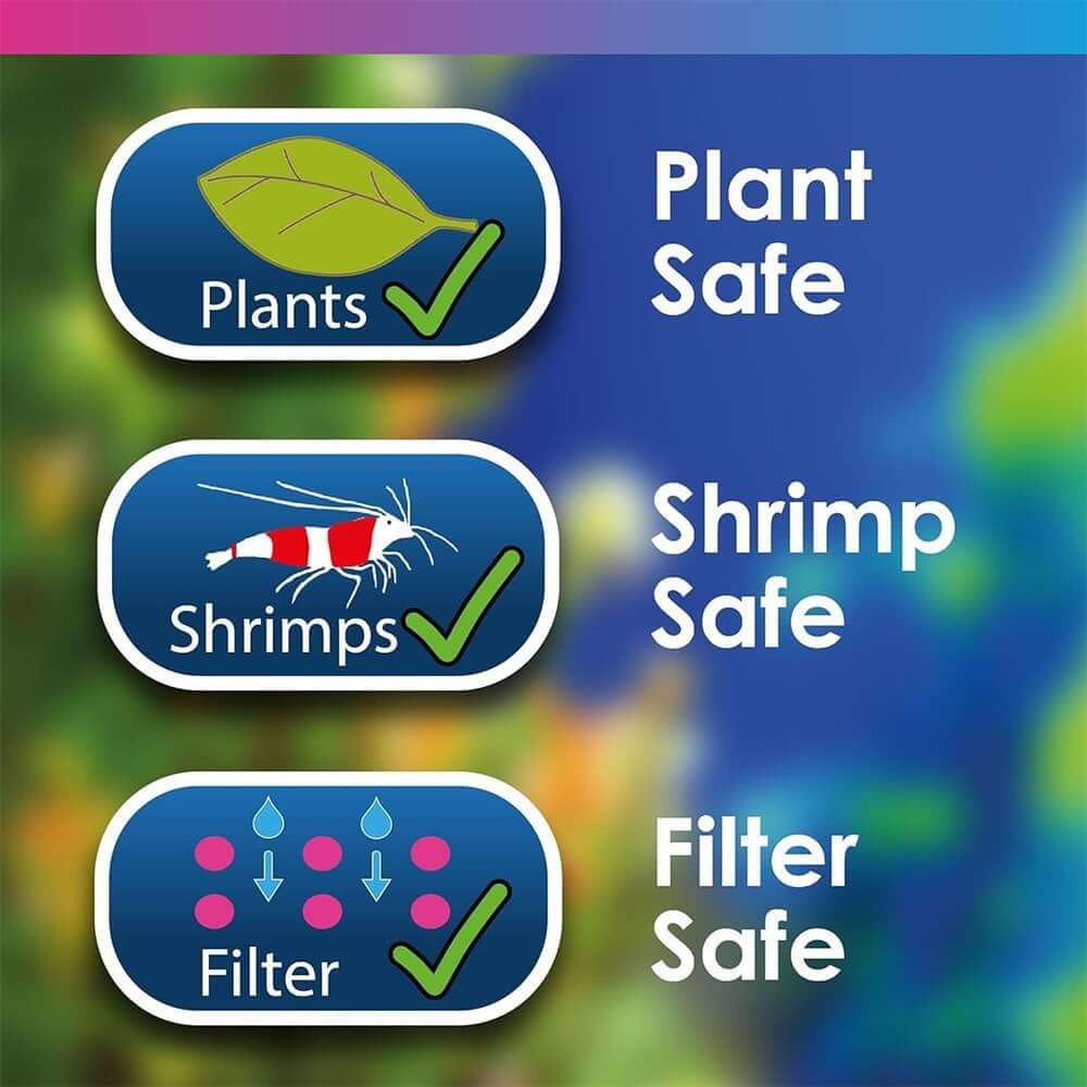 Plant safe, shrimp safe, and filter safe icons for aquarium treatments