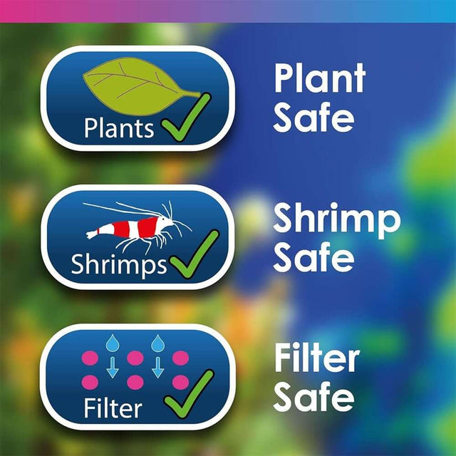 Plant safe, shrimp safe, and filter safe icons for aquarium treatments