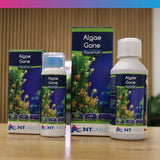 NT Labs Algae Gone aquarium treatment bottles for clear water in tropical and coldwater aquariums.