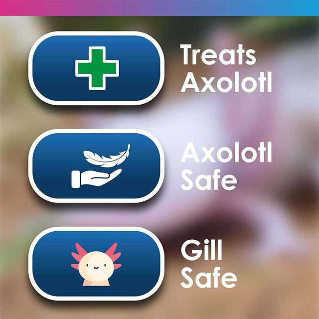 Infographic highlighting NT Labs AxoCure benefits: treats axolotl, axolotl safe, gill safe.