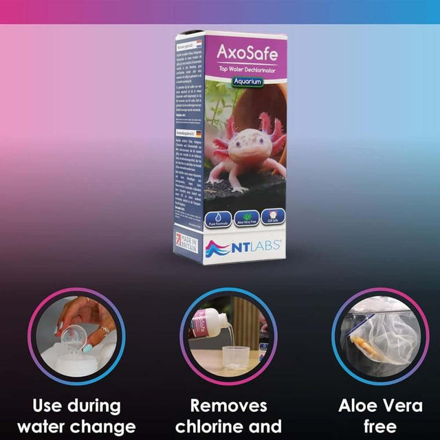 NT Labs AxoSafe 100ml aquarium dechlorinator removes chlorine and heavy metals, safe for axolotls, Aloe Vera free.
