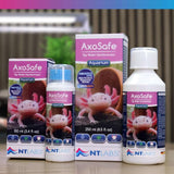 NT Labs AxoSafe aquarium dechlorinator bottles for axolotls, 100ml and 250ml sizes, aquarium safety and stress reduction.