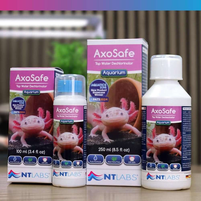 NT Labs AxoSafe aquarium dechlorinator bottles for axolotls, 100ml and 250ml sizes, aquarium safety and stress reduction.