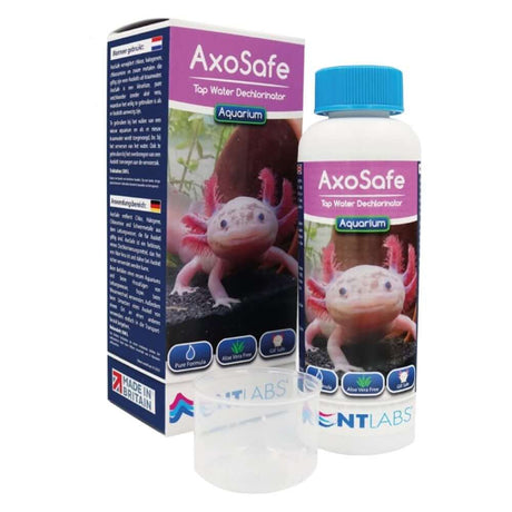 NT Labs AxoSafe 100ml tap water dechlorinator for axolotl aquariums, removes chlorine and heavy metals.