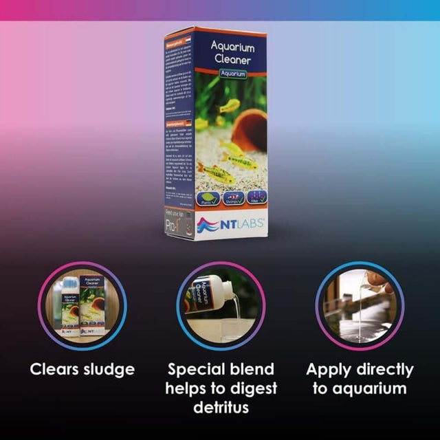 NT Labs Aquarium Cleaner 100ml, effective sludge remover for tropical and coldwater tanks, promotes healthier aquarium environment.