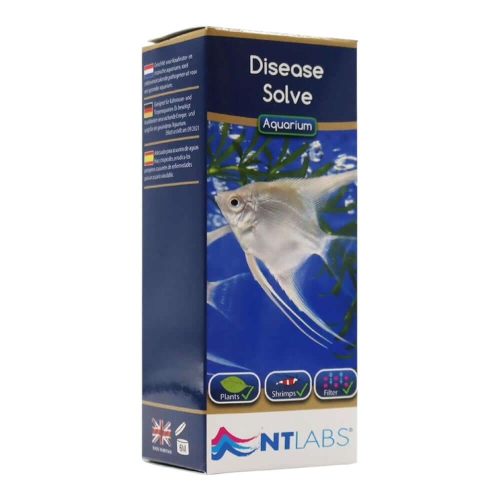 NT Labs Disease Solve packaging for aquarium, effective fish treatment for tropical and coldwater fish.