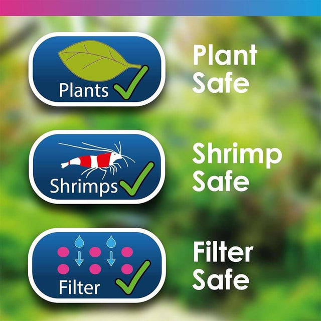 Icons illustrating safety for plants, shrimps, and filters in aquariums, highlighting compatibility features.