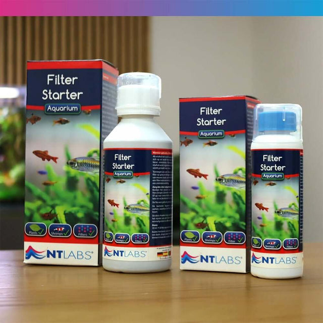 NT Labs Aquarium Filter Starter bottles for tropical and coldwater aquariums, promoting healthy bacterial culture.