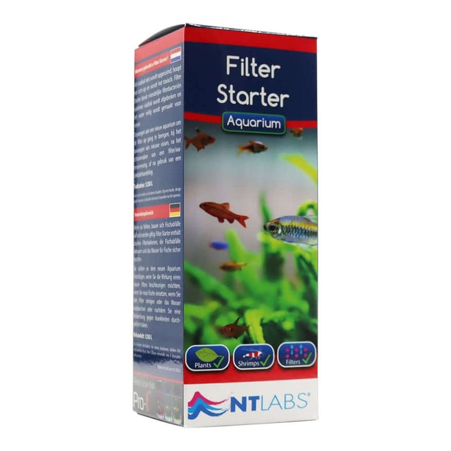 NT Labs Aquarium Filter Starter packaging for tropical and coldwater aquariums, promoting friendly bacteria to reduce ammonia.