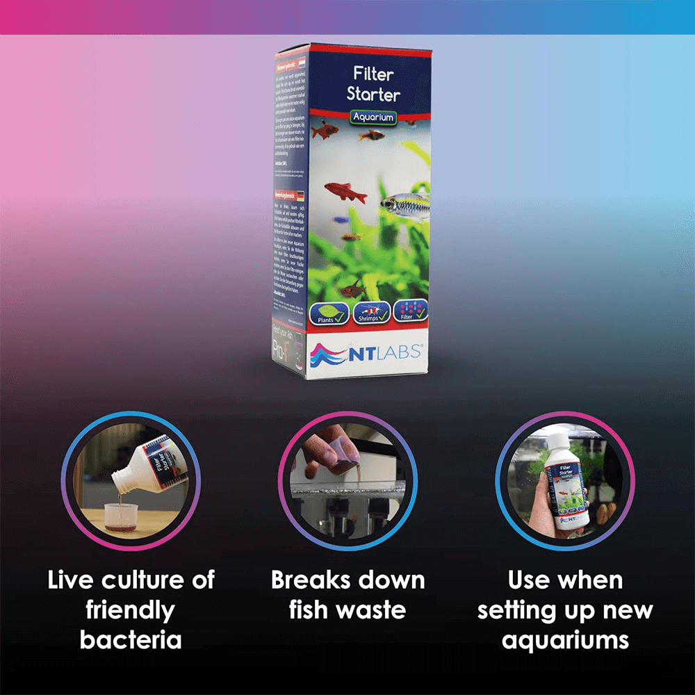 NT Labs Aquarium Filter Starter box with features: friendly bacteria, fish waste breakdown, for new aquariums.