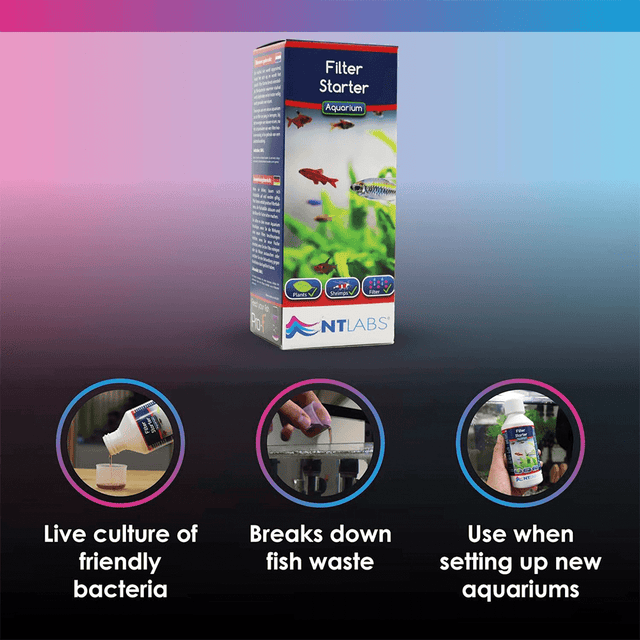 NT Labs Aquarium Filter Starter box with features: friendly bacteria, fish waste breakdown, for new aquariums.