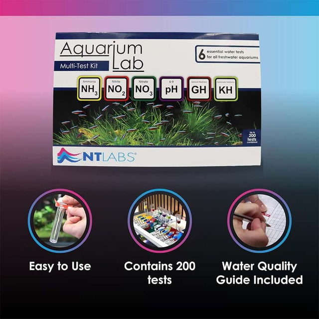 NT Labs Aquarium Lab Multi Test Kit, tests for ammonia, nitrate, pH, GH, KH, includes 200 tests, easy to use for aquariums.