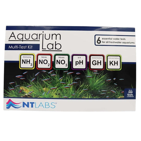 NT Labs Aquarium Lab Multi Test Kit for freshwater aquariums, tests for ammonia, nitrite, nitrate, pH, GH, and KH.