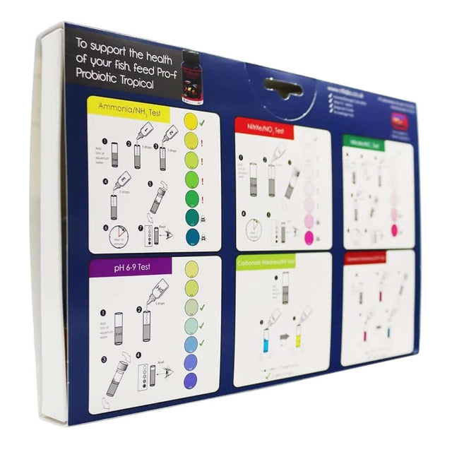 NT Labs Aquarium Lab Multi Test Kit back cover showing ammonia, nitrite, pH, and hardness test instructions.