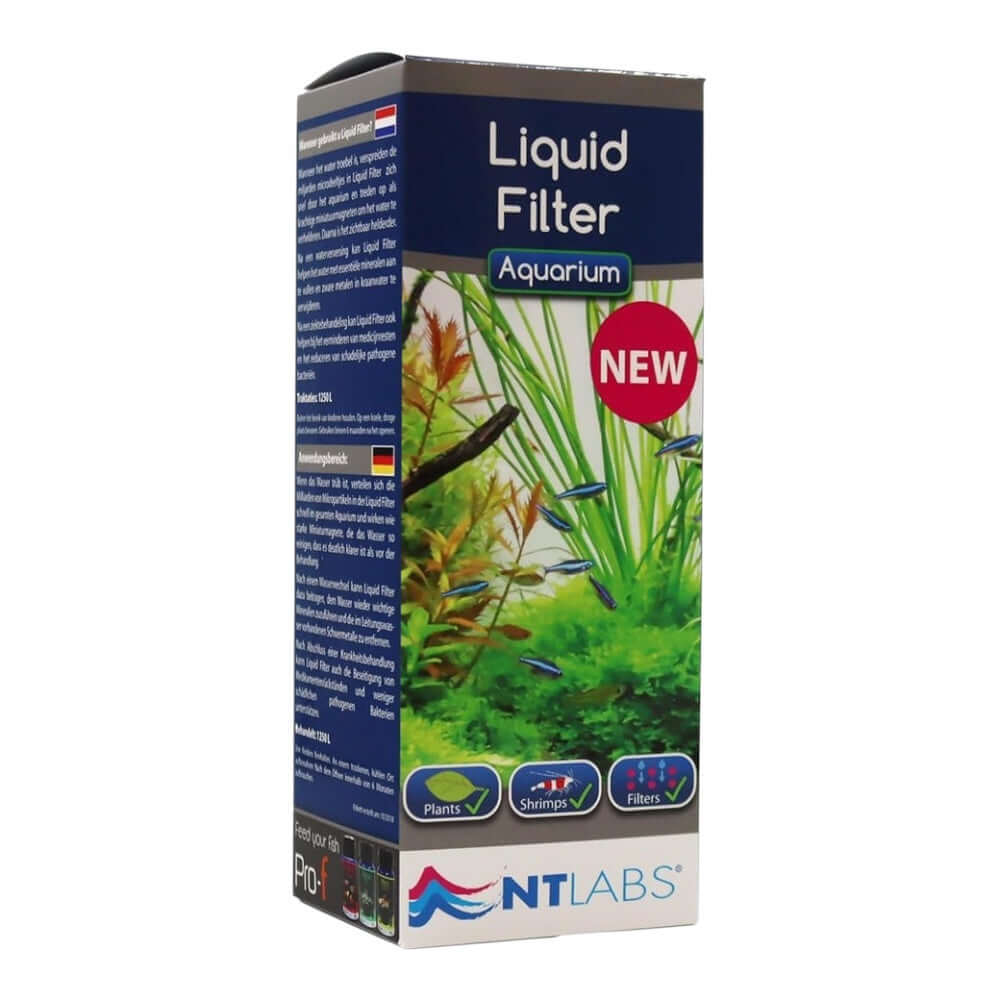 NT Labs Aquarium Liquid Filter packaging, showcasing natural ingredients for cleaner, clearer aquarium water.